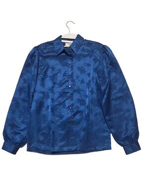 Vintage Joan Collins Blue Floral Jacquard Satin Blouse